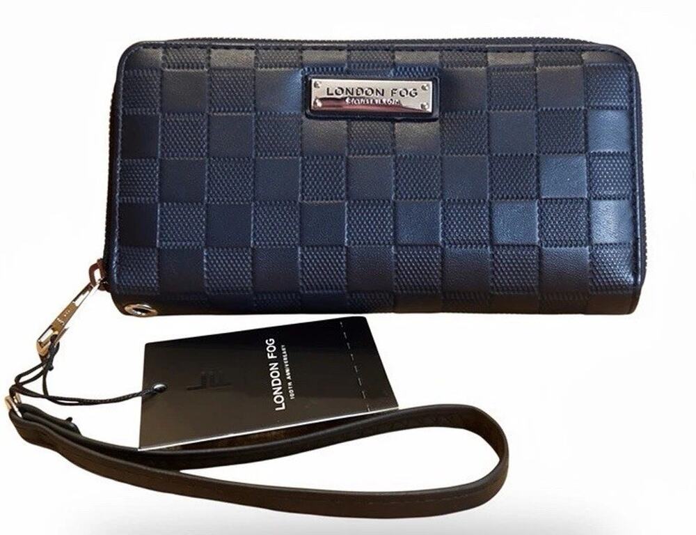 London Fog Women’s Black Checkered Zip-Around Wallet Faux Leather Card Holder